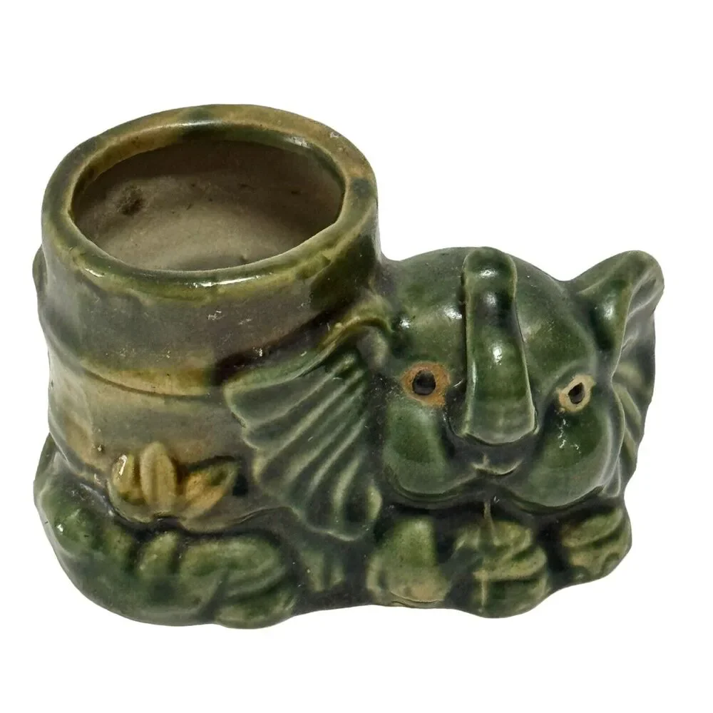 Majolica Ceramic Planter Vase With Figural Elephant Animal Vintage 5”W 3”T